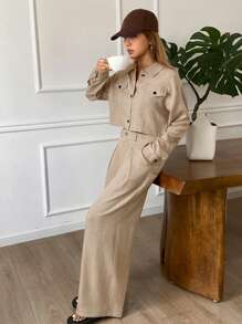 DAZY Women 2 Pieces Casual Set, Solid Color Loose Short Long Sleeve Shirt And Wide Leg Pants, Spring/Summer,Fall Clothes - Apricot - View 4