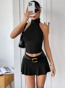 SHEIN EZwear 夏季西部音乐节露背褶饰迷你裙两件套 - 黑色 - 查看 6