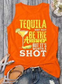 SHEIN LUNE Camiseta suelta de cuello redondo con eslogan para mujer de talla grande - Naranja - Ver 1
