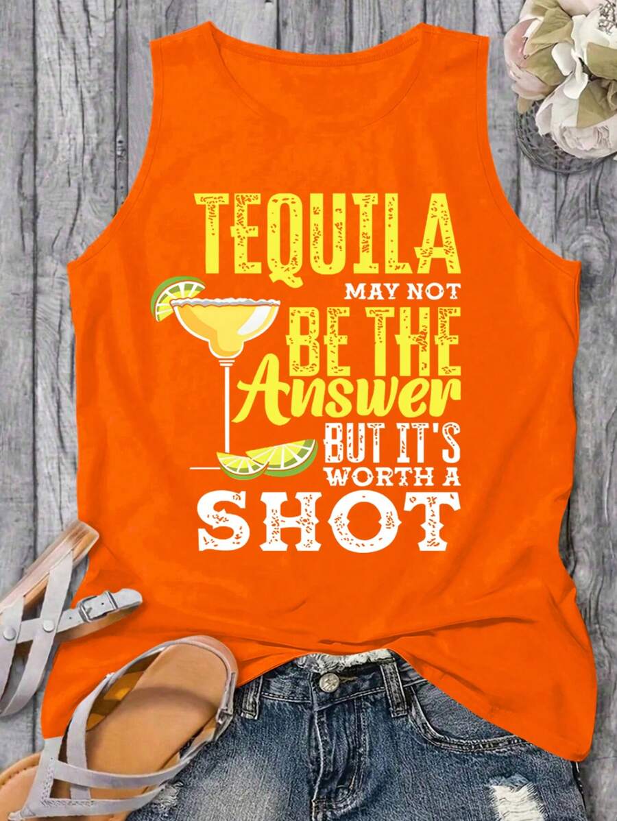 SHEIN LUNE Camiseta suelta de cuello redondo con eslogan para mujer de talla grande - Naranja - Ver 1