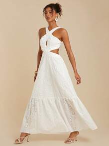 Travachic 女士度假露背系带腰部镂空纹理面料迷你连衣裙 - 白色 - 查看 4