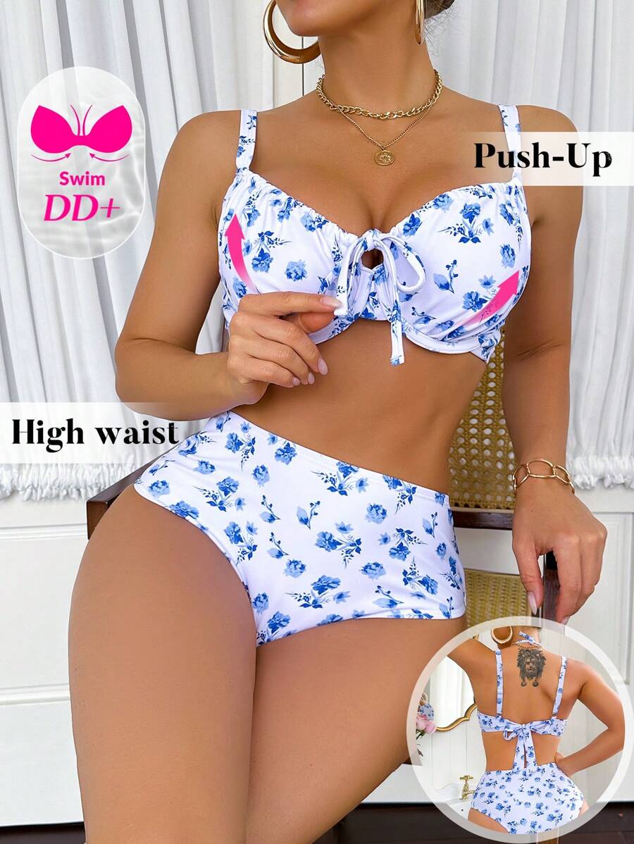 Swim DD+ Ditsy Floral Push-Up Padded Spaghetti Strap Bikini Set For Summer Beach Vacation - Blue and White - View 1