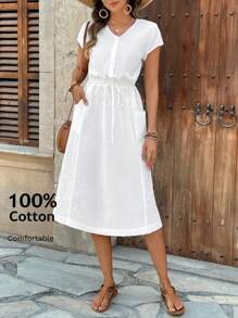 EMERY ROSE Women's Solid Color Midi Casual Dress, Minimalist & Fashionable For Everyday Wear - White - View 1