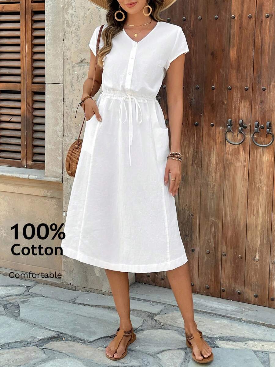 EMERY ROSE Váy midi thường ngày màu trơn dành cho nữ, tối giản và thời trang để mặc hàng ngày - trắng - Xem 1