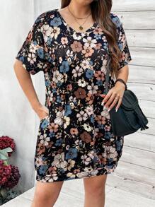 SHEIN LUNE Robe de style quotidien à col en V, de grande taille, en tissu camouflage vert armée, pour un look casual sportif