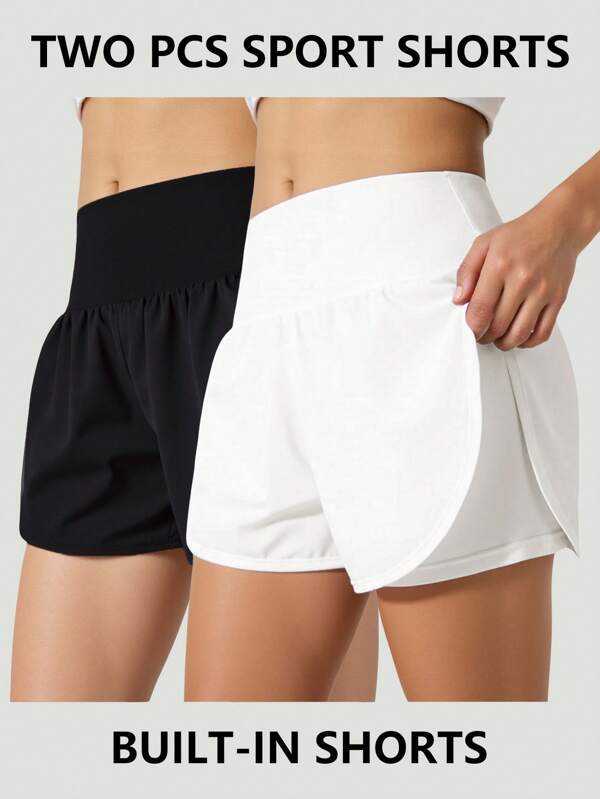 SHEIN Tween Girls' Solid Black & White 2 Pieces Set, Minimalist Loose Comfortable Versatile Athleisure School Outfit, Cropped High Waist Sweat-Wicking Moisture Absorbing Sports Shorts For Spring/Summer