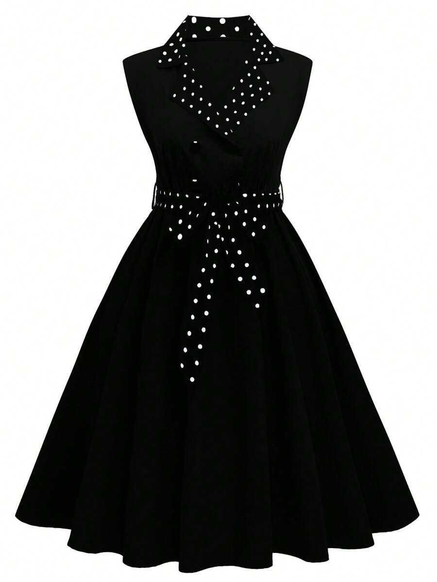 Rometta 大码波尔卡圆点印花系带无袖连衣裙