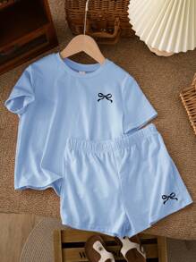 SHEIN Leap Crew 2PCS/Set Tween Girls Casual Simple Short Sleeve Shorts Set, Suitable For Summer - Blue - View 2