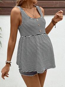 SHEIN Maternity Button Design Striped Ruffle Hem Casual Tank Top - Black and White - View 6