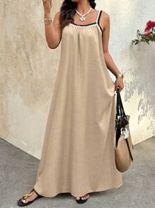 Breezaya Plus Size Vacation Style Spaghetti Strap Dress, Fashionable For Summer - Khaki - View 3