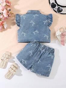 Young Girl' Casual Cute Bow Print Short Cap Sleeve Denim Set - Light Wash - View 2