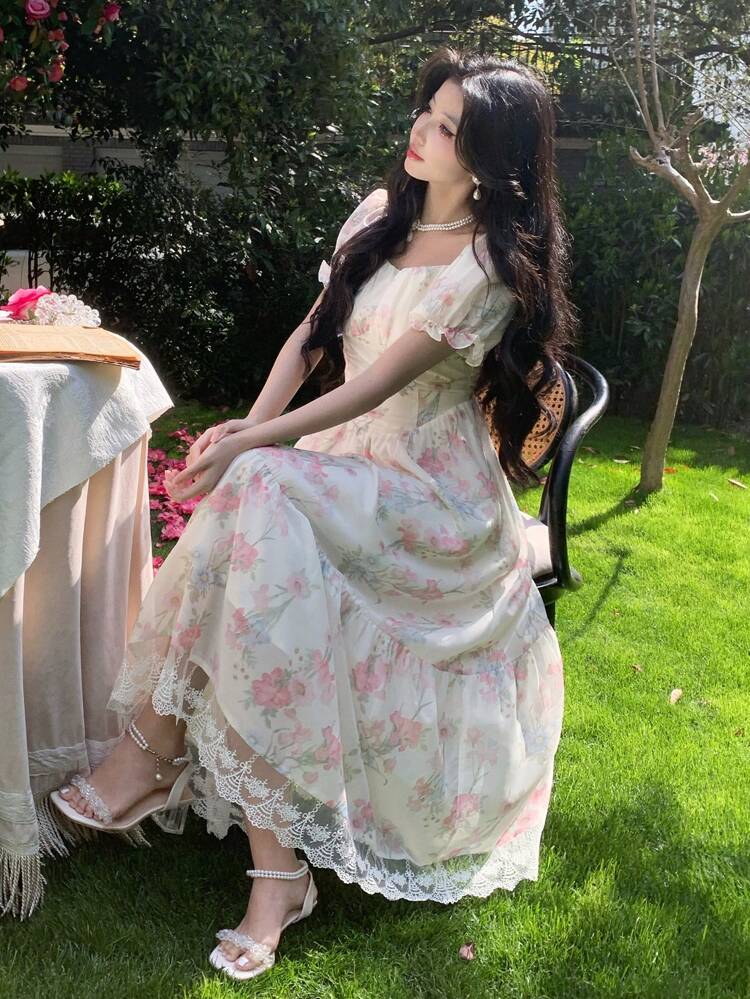 fitted lace wedding dress Juliana Lace Patchwork V-neck Floral Suspender Dress-Apricot main image 0