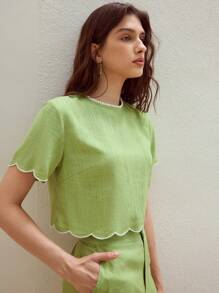MOTF STUDIO LINEN EMBROIDERY SCALLOP TRIM BLOUSE - Green - View 3