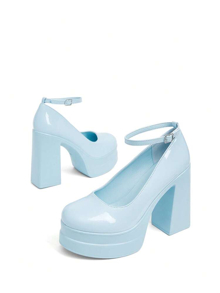 Women's Fashion Blue Ankle Strap Chunky Heel Platform Pumps, Suitable For Commuting, Dating, Party, Holiday, Wedding For Christmas 2000s Style