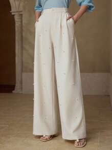 MOTF PREMIUM FAUX PEARL FOLD PLEATED SUIT PANTS - Beige - View 7