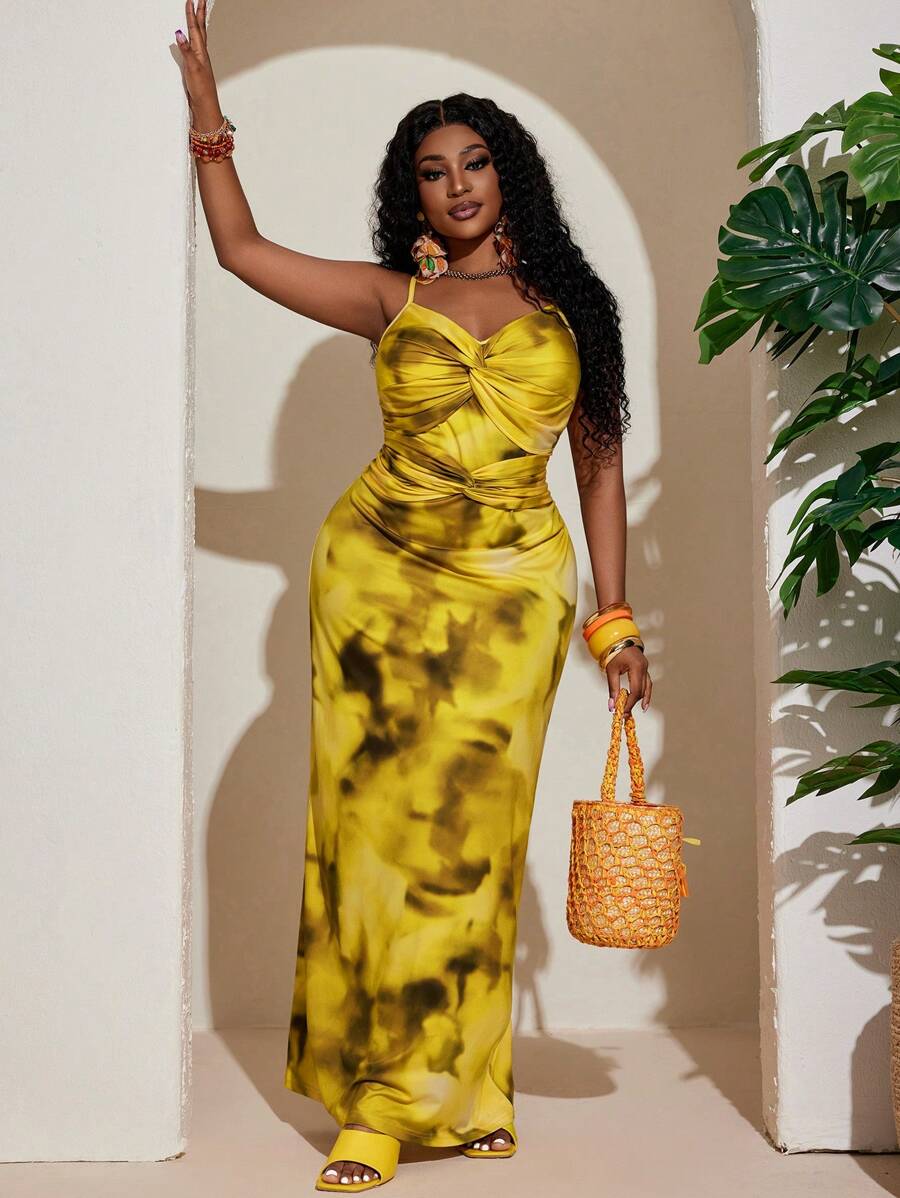 Slaydiva Plus Size Women Elegant & Romantic Party Twist Print Bodycon Slit Midi Dress - Yellow - View 1