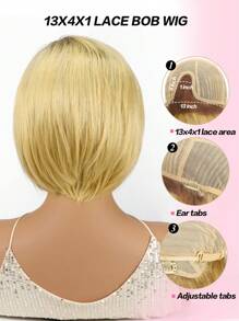 女士短款波波头真人发假发 13*4*1 蕾丝易戴金色深色发根自然直发波波头假发带刘海无胶假发全天佩戴日常度假婚礼