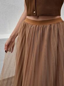 RueChic Elastic Waist Mesh Overlay Pleated Skirt - Apricot - View 3