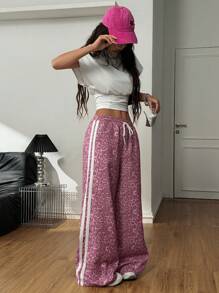 Coolane 女士夏季 Y2K 音乐节 Coque 豹纹带纹理装饰弹性腰带宽松运动裤