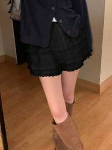 DAZY 女式蕾丝拼接短裤，优雅短裤，白色，四季皆宜，秋季短裙