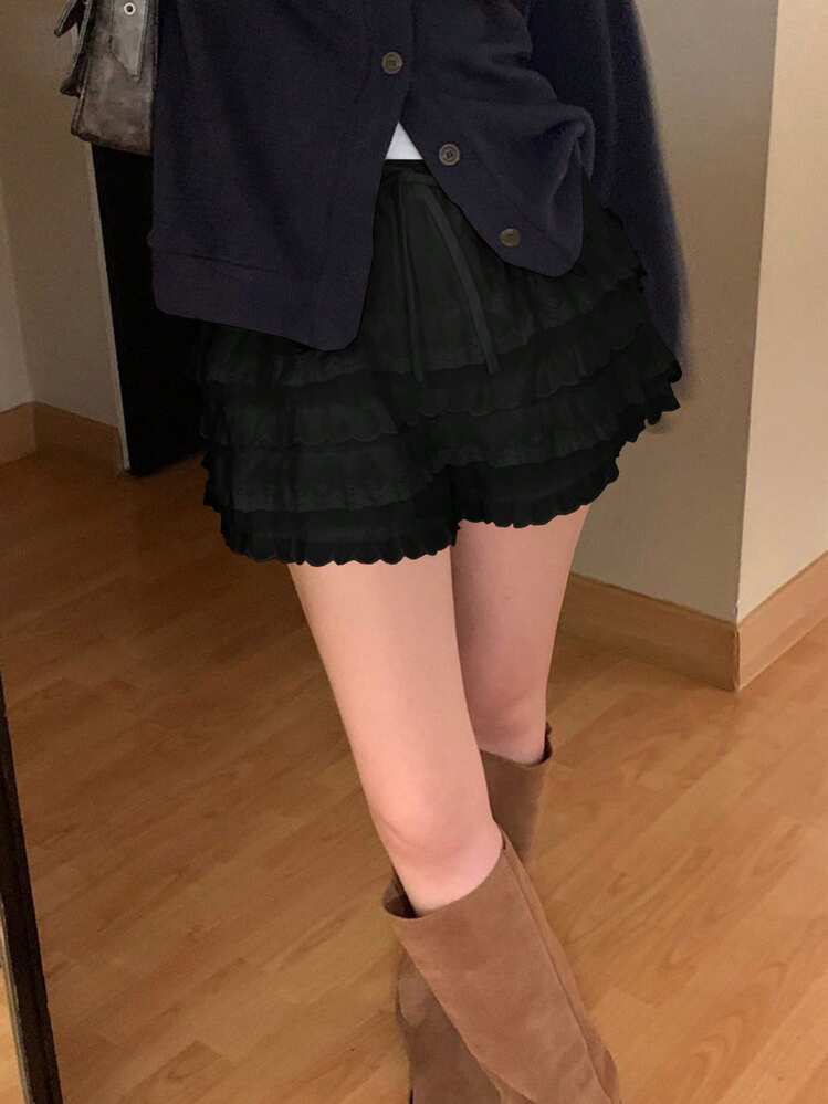 DAZY レース パッチワーク ショーツ、エレガントなショーツ、ホワイト、オールシーズン、スコート フォール - ブラック - 見る 3