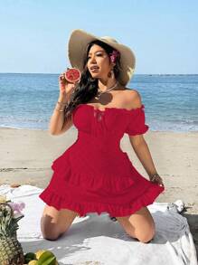 SHEIN SunnyBelle Váy ngắn hở vai màu trơn đơn giản, ôm sát bằng vải jacquard, viền bèo nhún cỡ lớn cho nữ, kỳ nghỉ hè ở bãi biển - Đỏ - Xem 5