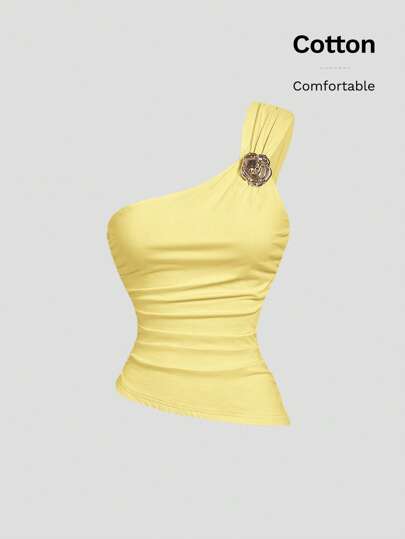 SHEIN MOD Women's Elegant Metal Decor Asymmetric Hem One Shoulder Blouse