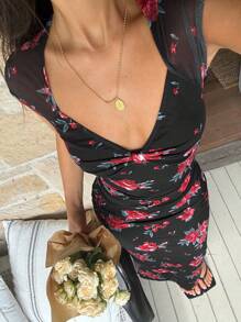 SHEIN Frenchy 女士优雅法式玫瑰花卉网眼面料修身中长连衣裙，优雅夏季女士毕业礼服，女士沙滩装，复活节礼服，女士毕业礼服，狂欢装 - 黑色 - 查看 6