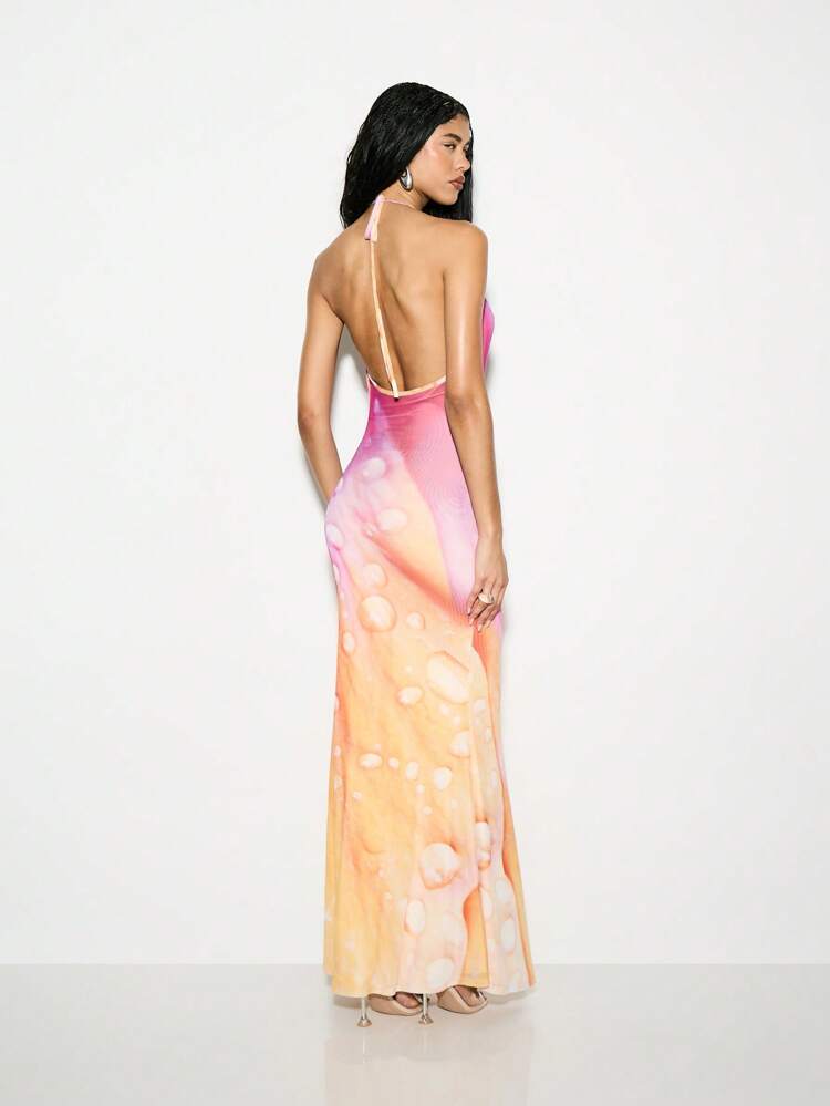 KIZN Watercolor Print Backless Cowl Neck Halter Maxi Dress