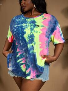 SHEIN CURVE+ 大码女式圆领扎染拼布针织 T 恤，返校季，休闲街头