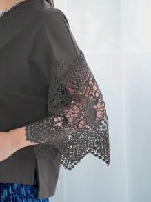 FRIFUL Women's Summer Casual Solid Color Lace Patchwork T-Shirt Lace Top Lace Sleeve Top Knit Top Summer Top Women Top