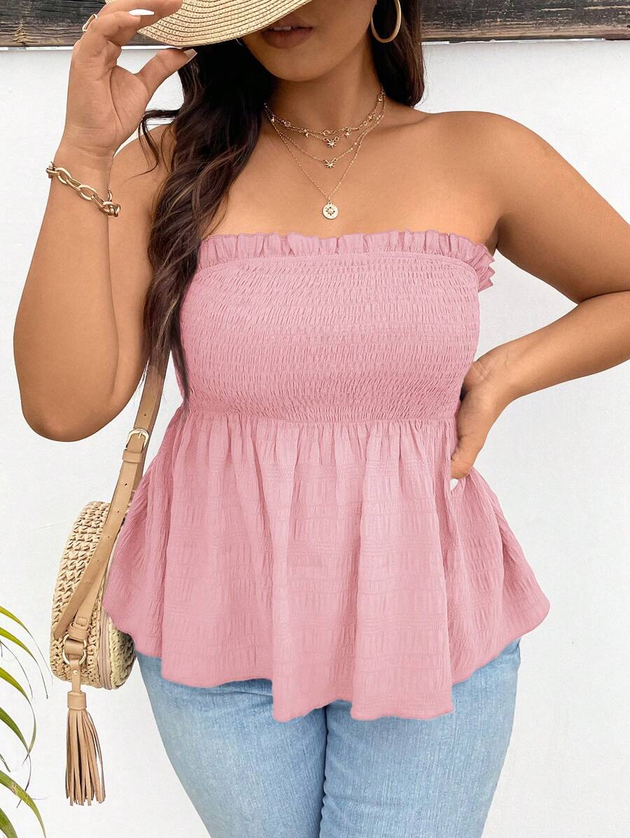 SHEIN Frenchy Plus Size Women Solid Color Strapless Top, Minimalist And Fashionable, Suitable For Summer - Pink - View 1