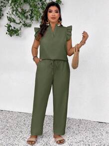 SHEIN Frenchy Plus Size 2pcs/Set Sleeveless Top & Long Pants, Solid Color,Summer Outfits For Women - Army Green - View 7