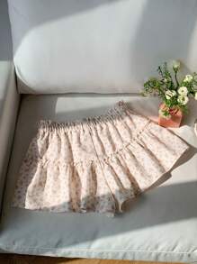 Comfortcana Women's Ditsy Floral Ruffle Casual Shorts, Suitable For Summer, Boho Women's Clothing Biker Shorts, Vacation Outfits Woman, Skorts For Women, Renaissance Fair - Beige - View 2