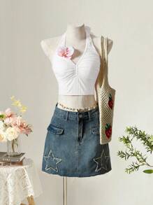 SHEIN MOD 领口系带前褶皱针织提花粉色比基尼上衣，乡村音乐会，可爱，卡哇伊 - 白色 - 查看 1