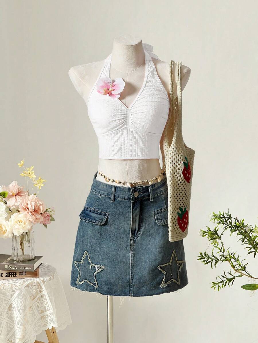 SHEIN MOD 领口系带前褶皱针织提花粉色比基尼上衣，乡村音乐会，可爱，卡哇伊 - 白色 - 查看 1