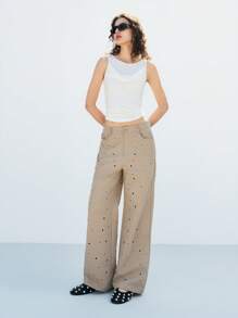 LYSMO Women's Loose Fit Wide Leg Eyelet Twill Pants