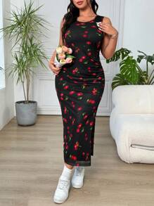 SHEIN EZwear 大码女式夏季休闲度假风全印花樱桃图案褶皱下摆修身无袖连衣裙 - 彩色 - 查看 4