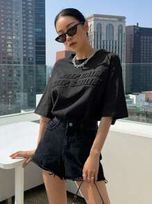 DAZY Slogan Pattern Drop Shoulder Tee KEEP CALM KEEP SMILING Oversized T-Shirt - Black - View 3