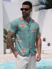 DAZY Men's Floral Print Green Vacation Style Shirt, Summer - Green - View 4