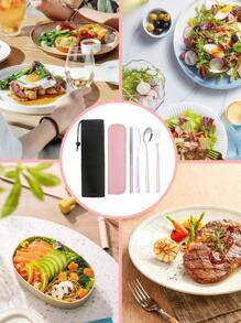 SHEIN 旅行用具，餐具套装返校，旅行银器套装带盒，餐具套装便携式营地可重复使用 18/8 不锈钢餐具银器，包括带盒的叉勺筷子，适用于西餐、厨房、午餐盒办公室野餐日常饮食，圣诞节（黑色），各种组合可用圣诞节作为节日礼物 - 粉色 - 查看 5