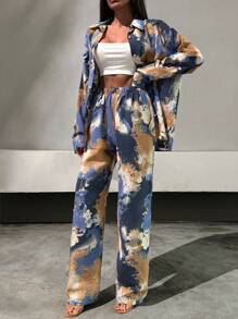 SHEIN Conjunto de 2 piezas con camisa de manga larga y pantalones con estampado floral y botón con piedra para damas