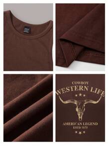 Tseoso Áo ba lỗ cotton bó sát cổ tròn họa tiết cao bồi miền Tây cổ điển, đầu bò và lễ hội âm nhạc, phù hợp cho mùa hè - Cà phê nâu - Xem 5