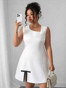 Elenzga Große Größen einfarbiges ärmelloses Freizeitkleid, minimalistisch, modisch und für den Sommer geeignet - Weiss - Übersicht 1