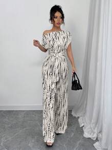 Elenzga Salopetă cu picior lat cu guler asimetric cu imprimeu Tie Dye, potrivită pentru întâlnire, muncă, vacanță, vacanță și ținute zilnice, boho de vară/vacanță/festival