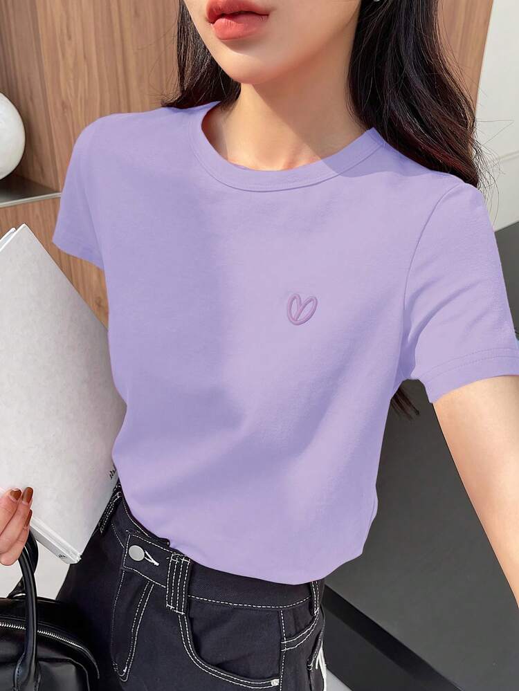 Simple Solid Color Embroidered Heart Short Sleeve Women T-Shirt Summer,Business Casual Women