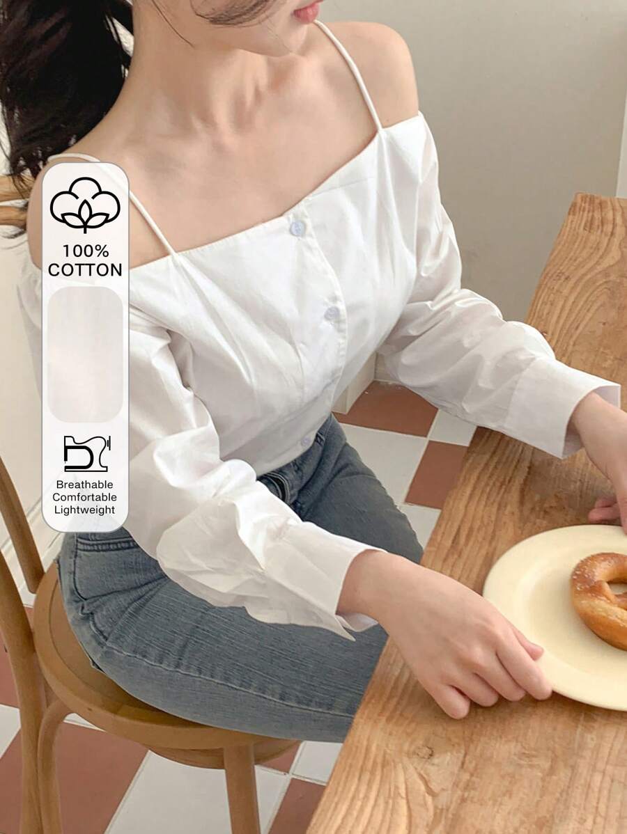 DAZY Blusa elegante de unicolor con hombros descubiertos y manga larga para mujeres, ropa de mujer para otoño