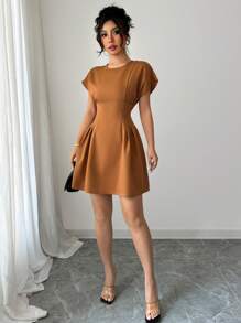 Elenzga Women's Elegant Solid Waist-Cinched Short Dress, Summer - Rust Brown - View 3