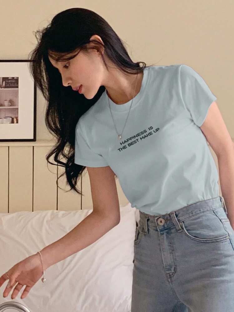 Women Round Neck Mist Blue Letter Print Casual Short Sleeve T-Shirt, Spring/Summer SpringStyle