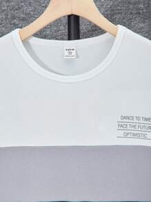 2pcs/Set Teen Boys' Casual Patchwork Crew Neck Outfit - Navy Blue - View 3